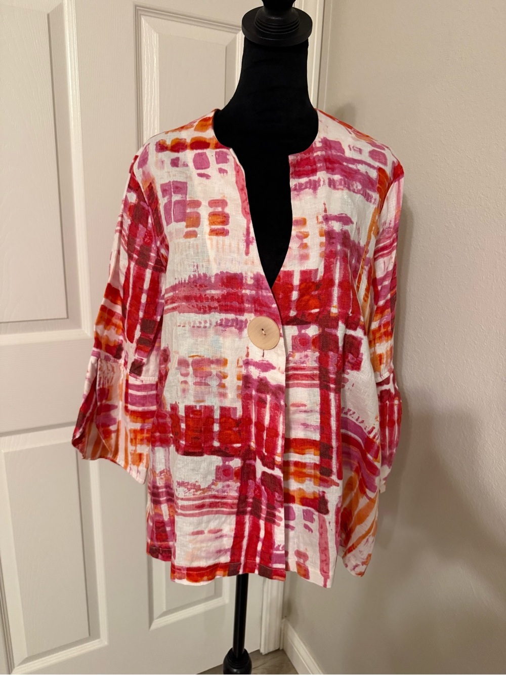 Ali Miles Pink & Red Abstract Button-Front Long Sleeve Top - 100% Linen